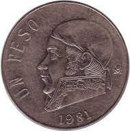 Монета 1 песо. 1981 год, Мексика. (закрытая 8). Хосе Мария Морелос. Монета 1 песо. 1981 год, Мексика. (закрытая 8). Хосе Мария Морелос.