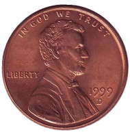 Монета 1 цент. 1999 год (D), США. Линкольн. Монета 1 цент. 1999 год (D), США. Линкольн.