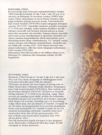 Лебедь. Набор монет Финляндии в буклете (5 шт., с жетоном), 1996 год, Финляндия. (Вар. I) Лебедь. Набор монет Финляндии в буклете (5 шт., с жетоном), 1996 год, Финляндия. (Вар. I)