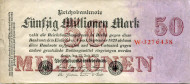 Рейхсбанкнота 50 миллионов марок. 1923 год, Веймарская республика. Рейхсбанкнота 50 миллионов марок. 1923 год, Веймарская республика.