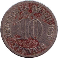 Монета 10 пфеннигов. 1889 год (D), Германская империя. Монета 10 пфеннигов. 1889 год (D), Германская империя.
