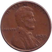 Линкольн. Монета 1 цент. 1939 год (S), США.