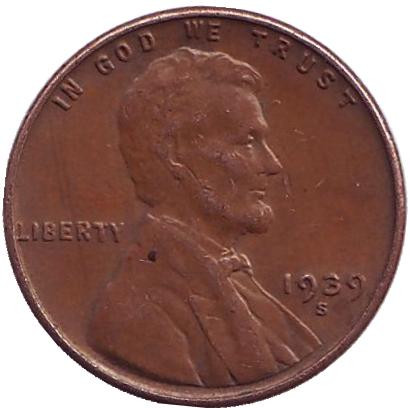 Монета 1 цент. 1939 год (S), США. Линкольн.