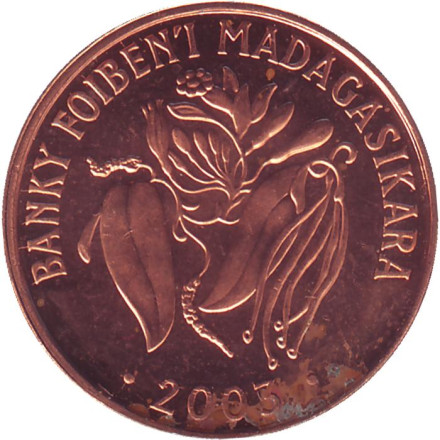 Монета 2 ариари. 2003 год, Мадагаскар. Стручки ванили.