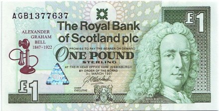 Банкнота 1 фунт. 1997 год, Шотландия. Александр Грейам Белл. Банкнота 1 фунт. 1997 год, Шотландия. Александр Грейам Белл.