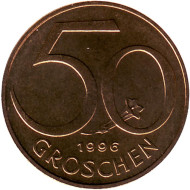 Монета 50 грошей. 1996 год, Австрия. BU. Монета 50 грошей. 1996 год, Австрия. BU.