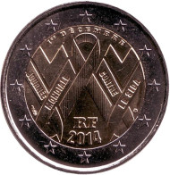 Монета 2 евро. 2014 год, Франция. Всемирный день борьбы со СПИДом. Монета 2 евро. 2014 год, Франция. Всемирный день борьбы со СПИДом.