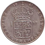 Монета 1 крона. 1961 год, Швеция. Густав VI. (TS) Монета 1 крона. 1961 год, Швеция. Густав VI. (TS)