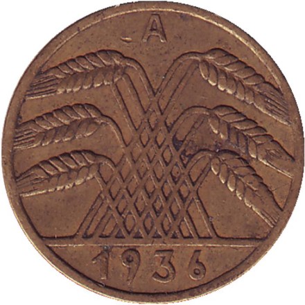 Монета 10 рейхспфеннигов. 1936 (А) год, Веймарская республика. Монета 10 рейхспфеннигов. 1936 (А) год, Веймарская республика.