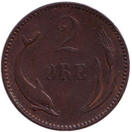 Монета 2 эре. 1889 год, Дания. Монета 2 эре. 1889 год, Дания.