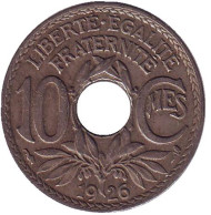 Монета 10 сантимов. 1926 год, Франция. Монета 10 сантимов. 1926 год, Франция.