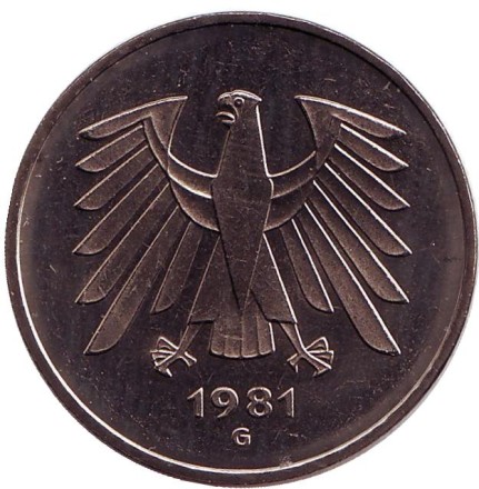 Монета 5 марок. 1981 год (G), Германия. Монета 5 марок. 1981 год (G), Германия.