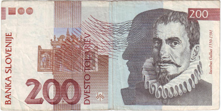 Банкнота 200 толаров. 2001 год, Словения. Якоб Галлус.