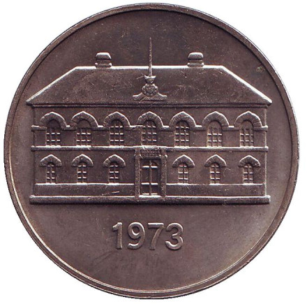 Монета 50 крон. 1973 год, Исландия. Здание парламента в Рейкьявике.