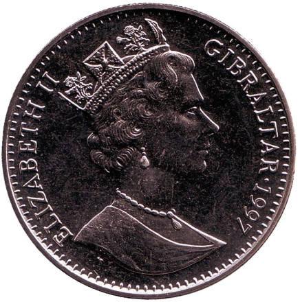 Монета 1 крона. 1997 год, Гибралтар. Королева и Принц. 50 лет свадьбе Королевы Елизаветы II и Принца Филиппа. Монета 1 крона. 1997 год, Гибралтар. Королева и Принц. 50 лет свадьбе Королевы Елизаветы II и Принца Филиппа.