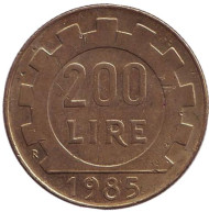Монета 200 лир. 1985 год, Италия. Монета 200 лир. 1985 год, Италия.