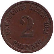 Монета 2 пфеннига. 1911 год (J), Германская империя. Монета 2 пфеннига. 1911 год (J), Германская империя.