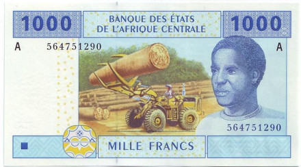 Банкнота 1000 франков. 2002 год, Центральные Африканские штаты. (Литера "A" - для Габона).
