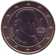 Монета 1 евро. 2008 год, Австрия. Моцарт. Монета 1 евро. 2008 год, Австрия. Моцарт.