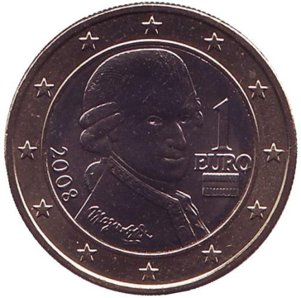 Монета 1 евро. 2008 год, Австрия. Моцарт.