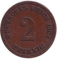 Монета 2 пфеннига. 1904 год (А), Германская империя.
