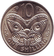 Монета 10 центов. 1967 год, Новая Зеландия. aUNC. Маска маори. Монета 10 центов. 1967 год, Новая Зеландия. aUNC. Маска маори.