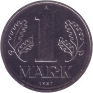Монета 1 марка. 1987 год (A), ГДР. BU. Монета 1 марка. 1987 год (A), ГДР. BU.