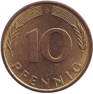 Монета 10 пфеннигов. 1979 год (G), ФРГ. Дубовые листья. Монета 10 пфеннигов. 1979 год (G), ФРГ. Дубовые листья.