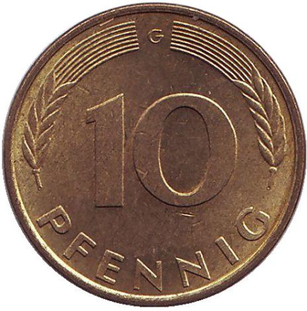 Монета 10 пфеннигов. 1979 год (G), ФРГ. Дубовые листья.