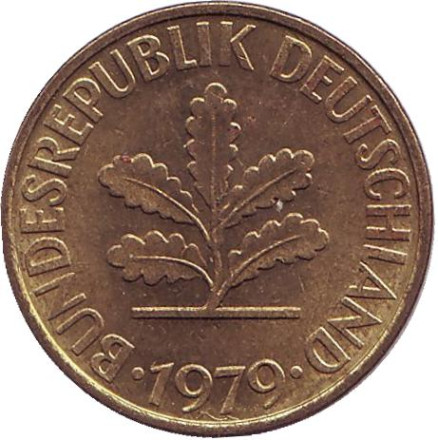 Монета 10 пфеннигов. 1979 год (G), ФРГ. Дубовые листья.