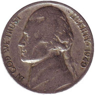 Монета 5 центов. 1940 год, США. Джефферсон. Монтичелло. Монета 5 центов. 1940 год, США. Джефферсон. Монтичелло.