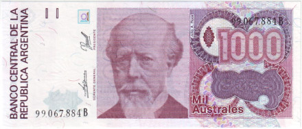 Банкнота 1000 аустралей. 1988-1990 гг., Аргентина. Тип 1. Хулио Архентино Рока.