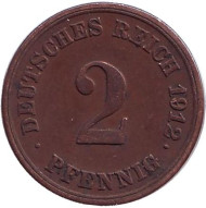 Монета 2 пфеннига. 1912 год (F), Германская империя. Монета 2 пфеннига. 1912 год (F), Германская империя.