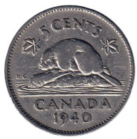 Бобр. Монета 5 центов. 1940 год, Канада.