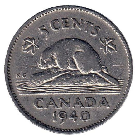 Монета 5 центов. 1940 год, Канада. Бобр.