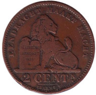 Монета 2 сантима. 1902 год, Бельгия. (Der Belgen) Монета 2 сантима. 1902 год, Бельгия. (Der Belgen)