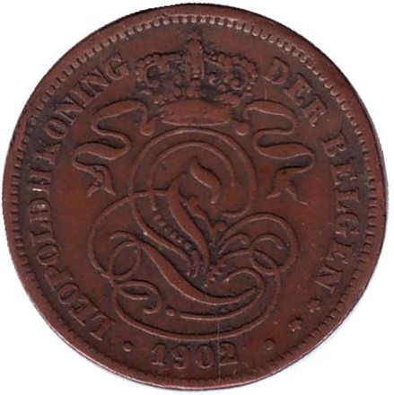 Монета 2 сантима. 1902 год, Бельгия. (Der Belgen) Монета 2 сантима. 1902 год, Бельгия. (Der Belgen)