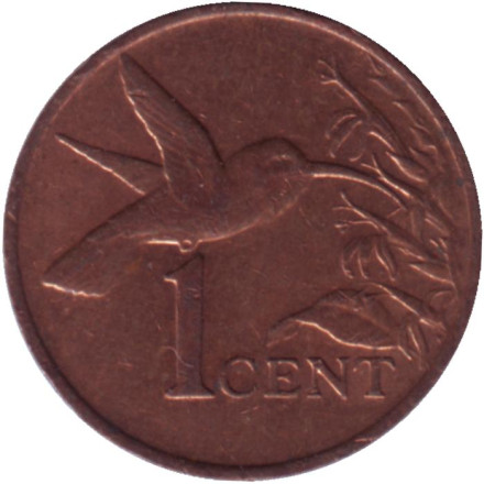 Монета 1 цент. 1990 год, Тринидад и Тобаго. Колибри.