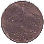 Монета 1 крона. 1970 год, Норвегия. Лошадь. Монета 1 крона. 1970 год, Норвегия. Лошадь.