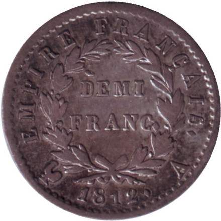 Монета 1/2 франка. 1812 год, Франция. Наполеон Бонапарт. Монета 1/2 франка. 1812 год, Франция. Наполеон Бонапарт.
