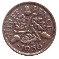 Монета 3 пенса. 1936 год, Великобритания. Монета 3 пенса. 1936 год, Великобритания.