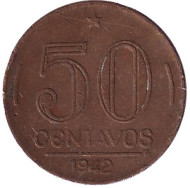Монета 50 сентаво. 1942 год, Бразилия. Монета 50 сентаво. 1942 год, Бразилия.