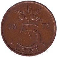 Монета 5 центов. 1971 год, Нидерланды. Монета 5 центов. 1971 год, Нидерланды.