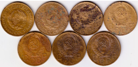 Подборка монет номиналом 5 копеек (7 штук) 1930-1957 гг., СССР. Подборка монет номиналом 5 копеек (7 штук) 1930-1957 гг., СССР.