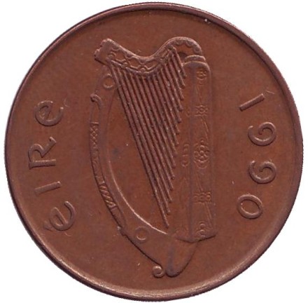 Монета 2 пенса. 1990 год, Ирландия. Птица. Ирландская арфа.