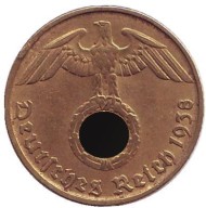 Монета 5 рейхспфеннигов. 1938 год, Германия (Третий Рейх). (D). Монета 5 рейхспфеннигов. 1938 год, Германия (Третий Рейх). (D).