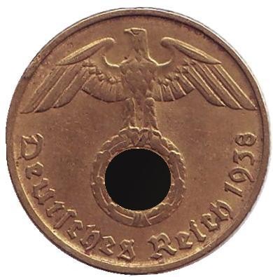 Монета 5 рейхспфеннигов. 1938 год, Германия (Третий Рейх). (D). Монета 5 рейхспфеннигов. 1938 год, Германия (Третий Рейх). (D).