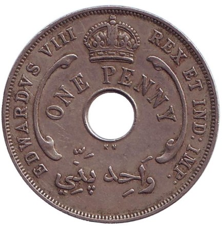 Монета 1 пенни. 1936 год, Британская Западная Африка. "KN" - Кингз Нортон Металл, Бирмингем