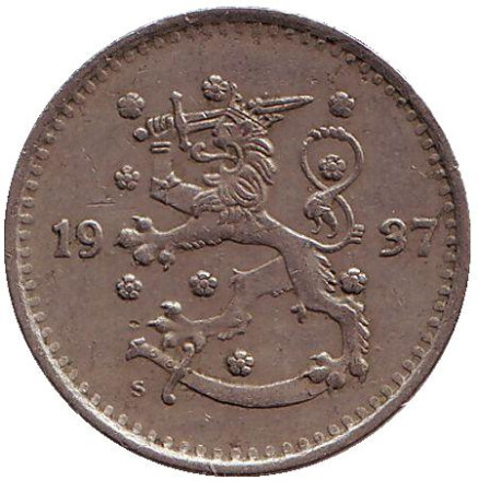 Монета 1 марка. 1937 год, Финляндия. Монета 1 марка. 1937 год, Финляндия.