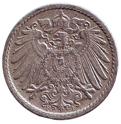 Монета 5 пфеннигов. 1908 год (F), Германская империя. Монета 5 пфеннигов. 1908 год (F), Германская империя.